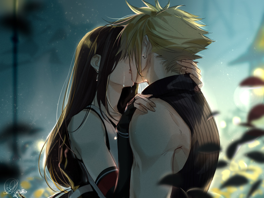 1boy, 1girl, bare_shoulders, blonde_hair, blurry, blurry_background, brown_hair, cloud_strife