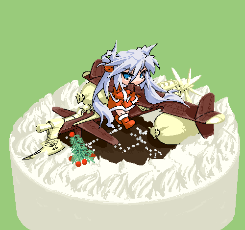 cake, christmas, food, in_food, lowres, minigirl, mof, mof's_silver_haired_twintailed_girl