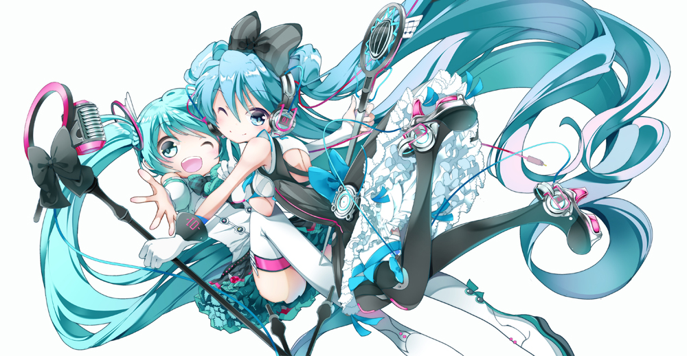 2girls, absurdly_long_hair, aqua_hair, back_cutout, bare_shoulders, beamed_eighth_notes, black_bow, black_dress