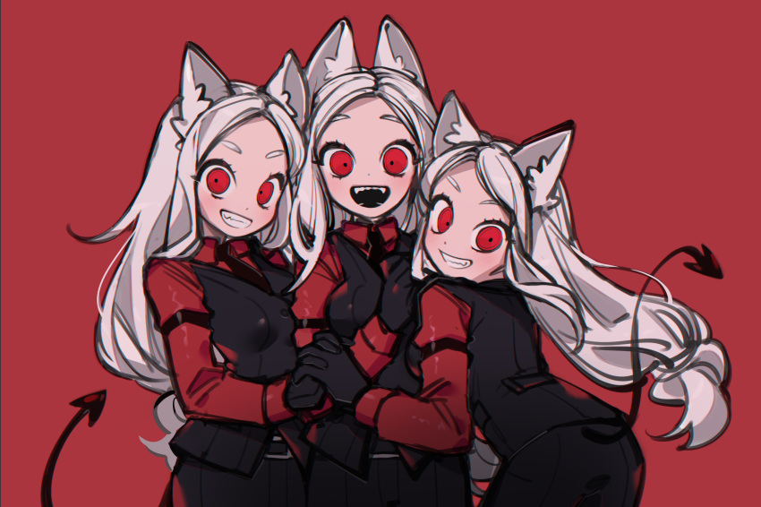 217sian, 3girls, animal_ear_fluff, animal_ears, black_pants, cerberus_(helltaker), demon_girl, demon_tail