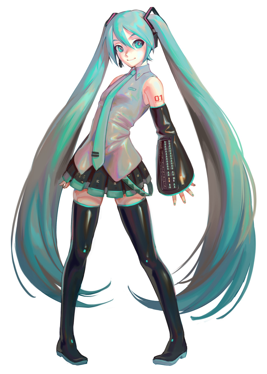 1girl, absurdres, aqua_eyes, aqua_hair, aqua_nails, aqua_neckwear, bare_shoulders, belt
