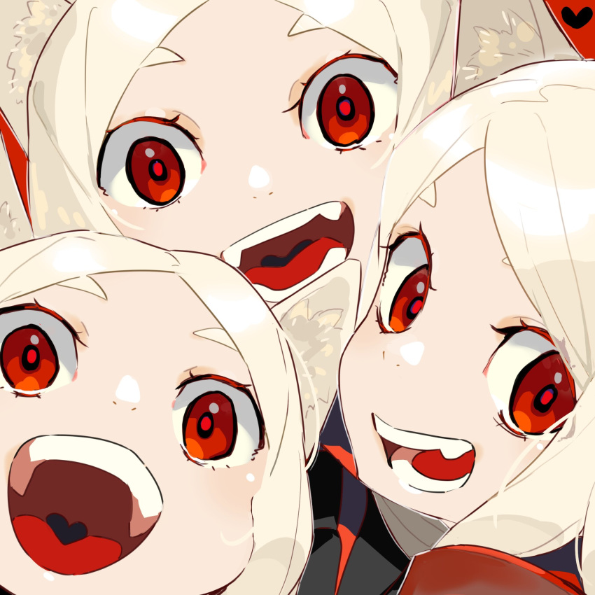 3girls, :d, animal_ears, blush, cerberus_(helltaker), collared_shirt, demon_girl, dog_ears