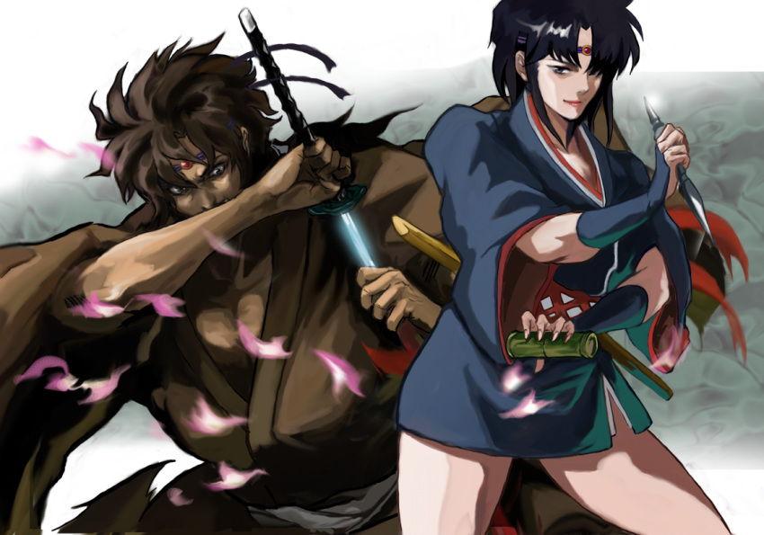 1boy, 1girl, bangs, black_hair, brown_kimono, circlet, hagitotoro, holding