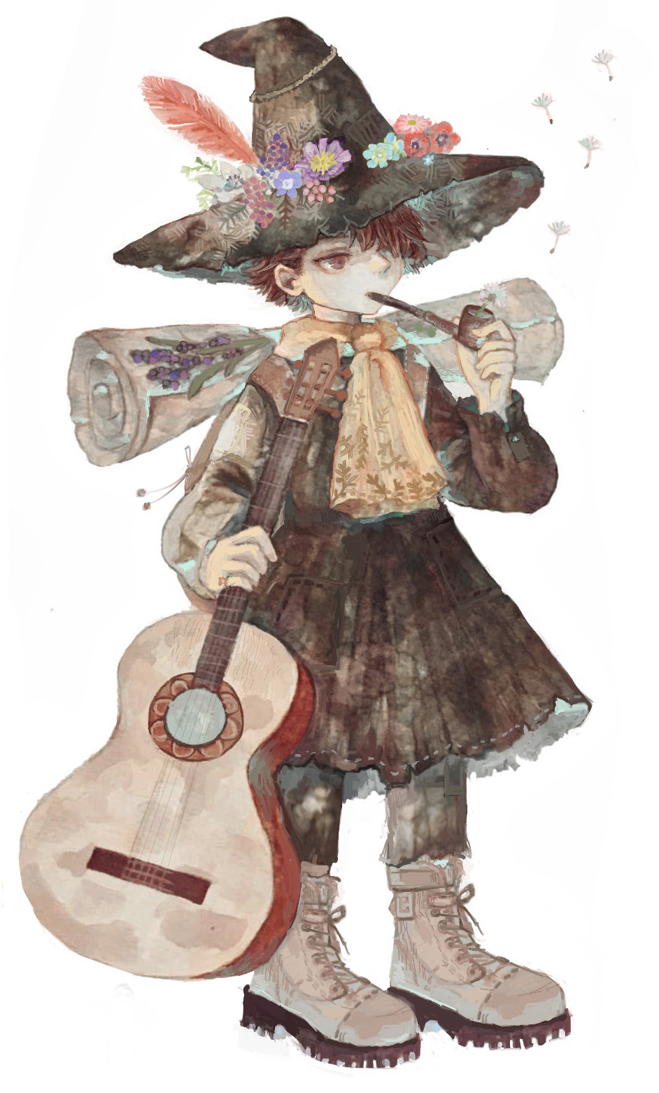 1boy, amano_sizuku, boots, brown_eyes, brown_hair, dandelion_seed, flower, full_body