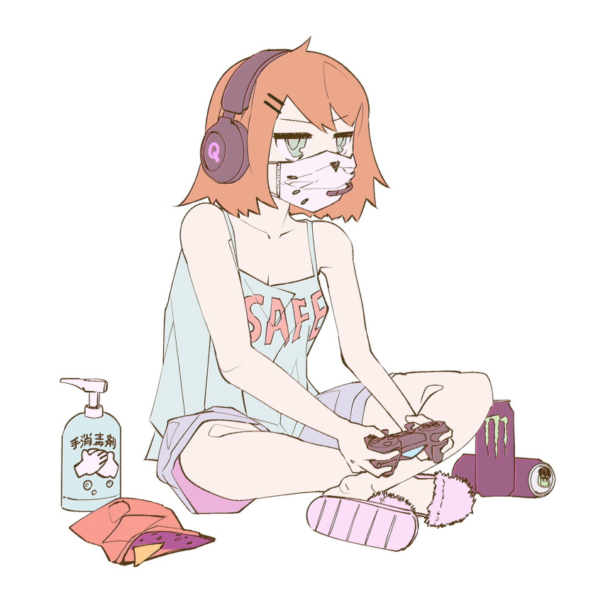 1girl, can, clothes_writing, collarbone, controller, coronavirus_pandemic, dualshock, flat_color