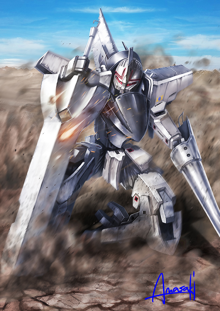 amasaki_yusuke, artist_name, break_blade, delphine_(break_blade), dust, holding, holding_lance, holding_sword, holding_weapon, kneeling, lance, looking_to_the_side, mecha, motion_blur, no_humans, one_knee, polearm, signature, solo, sword, weapon