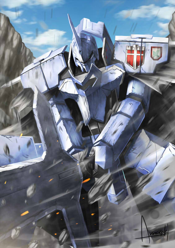 amasaki_yusuke, break_blade, cape, debris, holding, holding_sword, holding_weapon, horn, insignia, looking_down, mecha, no_humans, solo, sword, toria, weapon