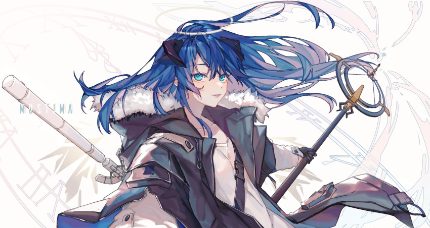 1girl, aqua_eyes, arknights, black_gloves, black_jacket, blue_hair, breasts, character_name