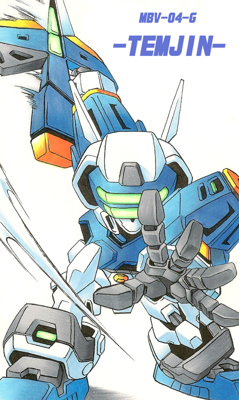character_name, chibi, clr, dynamic_pose, energy_sword, looking_at_viewer, marker_(medium), mecha, nib_pen_(medium), no_humans, open_hand, slashing, solo, sword, temjin_(virtual-on), traditional_media, virtual_on, weapon, white_background