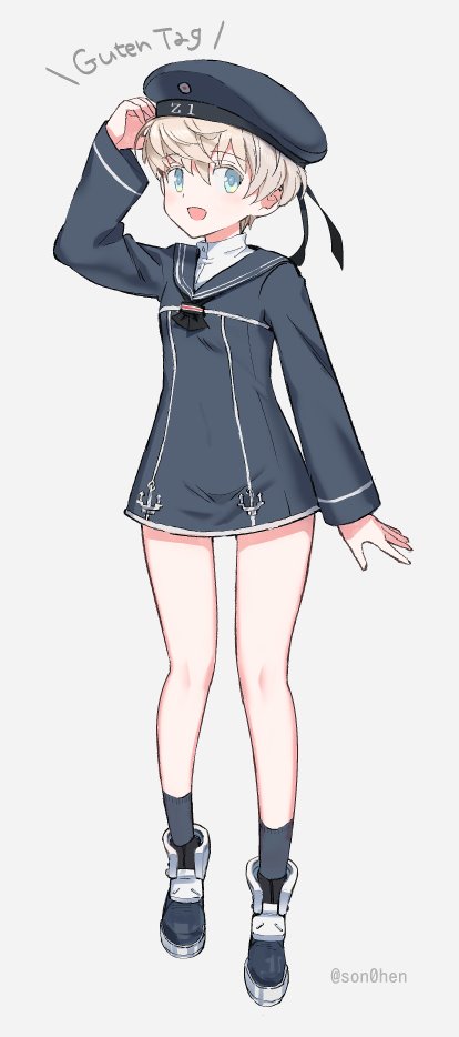 1girl, black_neckwear, blue_dress, blue_eyes, blue_headwear, blue_sailor_collar, clothes_writing, dress, german_text, hat, kantai_collection, neckerchief, sailor_collar, sailor_dress, sailor_hat, shimin, short_hair, silver_hair, simple_background, smile, solo, standing, white_background, z1_leberecht_maass_(kantai_collection)