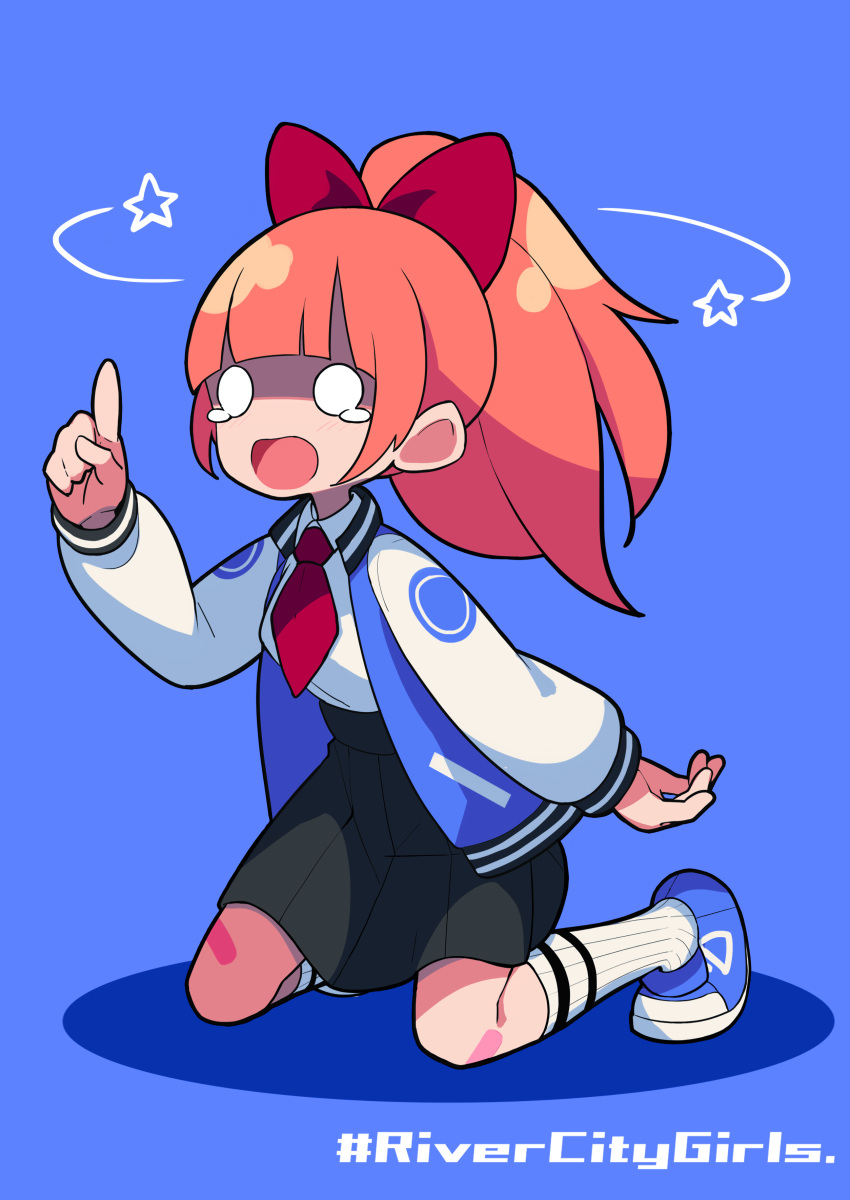 1girl, absurdres, bandaid, bandaid_on_knee, black_skirt, blue_background, blue_footwear, bow, copyright_name, crying, crying_with_eyes_open, dizzy_(feeling), fami_(yellow_skies), full_body, hair_bow, highres, index_finger_raised, jacket, kneeling, kyoko_(kunio-kun), long_hair, long_sleeves, necktie, o_o, open_clothes, open_jacket, open_mouth, orange_hair, pleated_skirt, ponytail, red_bow, red_neckwear, river_city_girls, simple_background, skirt, solo, tears, tennis, track_jacket