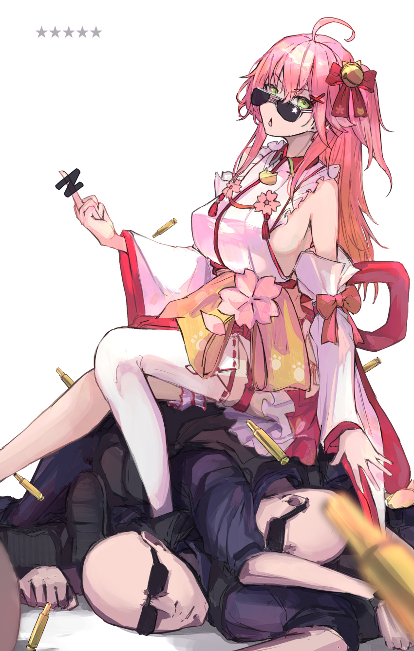 1girl, 2boys, absurdres, ahoge, bell, bullet, censored_gesture, chestnut_mouth