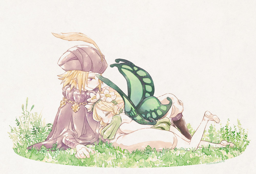 1boy, 1girl, blonde_hair, braid, butterfly_wings, closed_eyes, couple, fairy