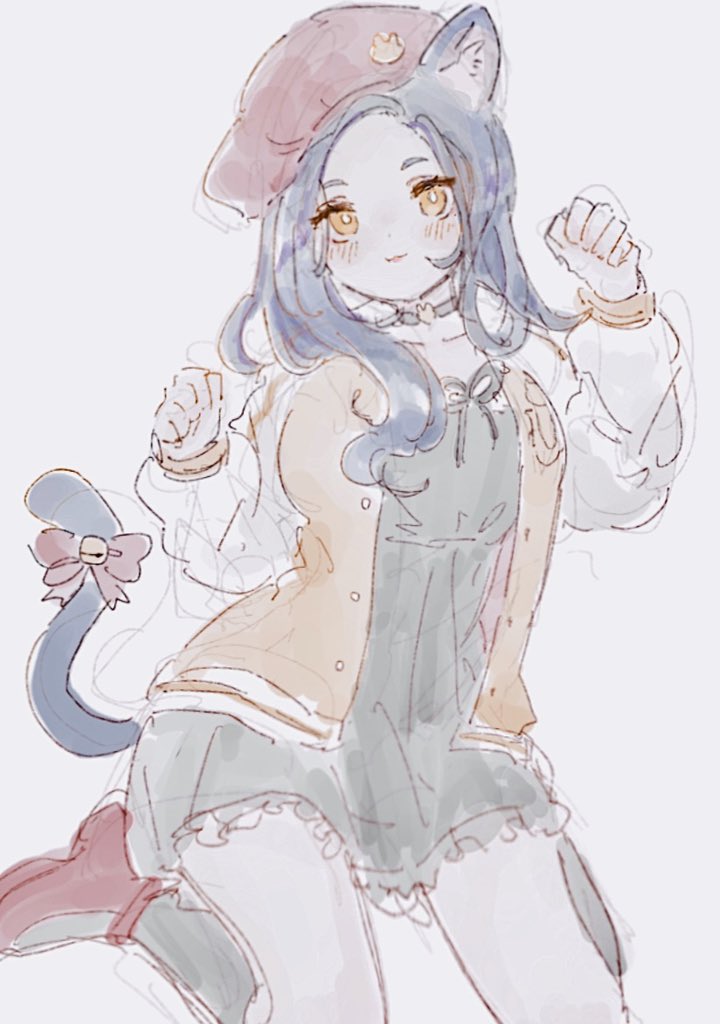 1girl, animal_ears, bell, black_dress, black_hair, black_legwear, bow, cat_ears, cat_girl, cat_tail, choker, coffee_talk, dress, hat, jacket, kneeling, letterman_jacket, long_hair, mole, mole_under_eye, paw_pose, pkurotein, rachel_florencia, red_footwear, red_headwear, simple_background, solo, tail, yellow_eyes