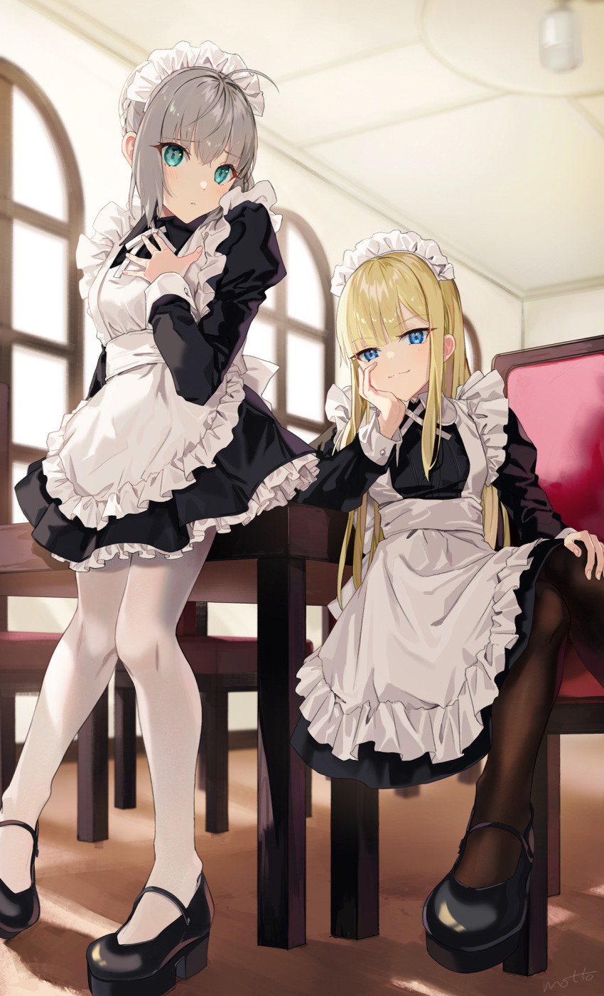 2girls, ahoge, alternate_costume, apron, artist_name, bangs, black_footwear, black_legwear