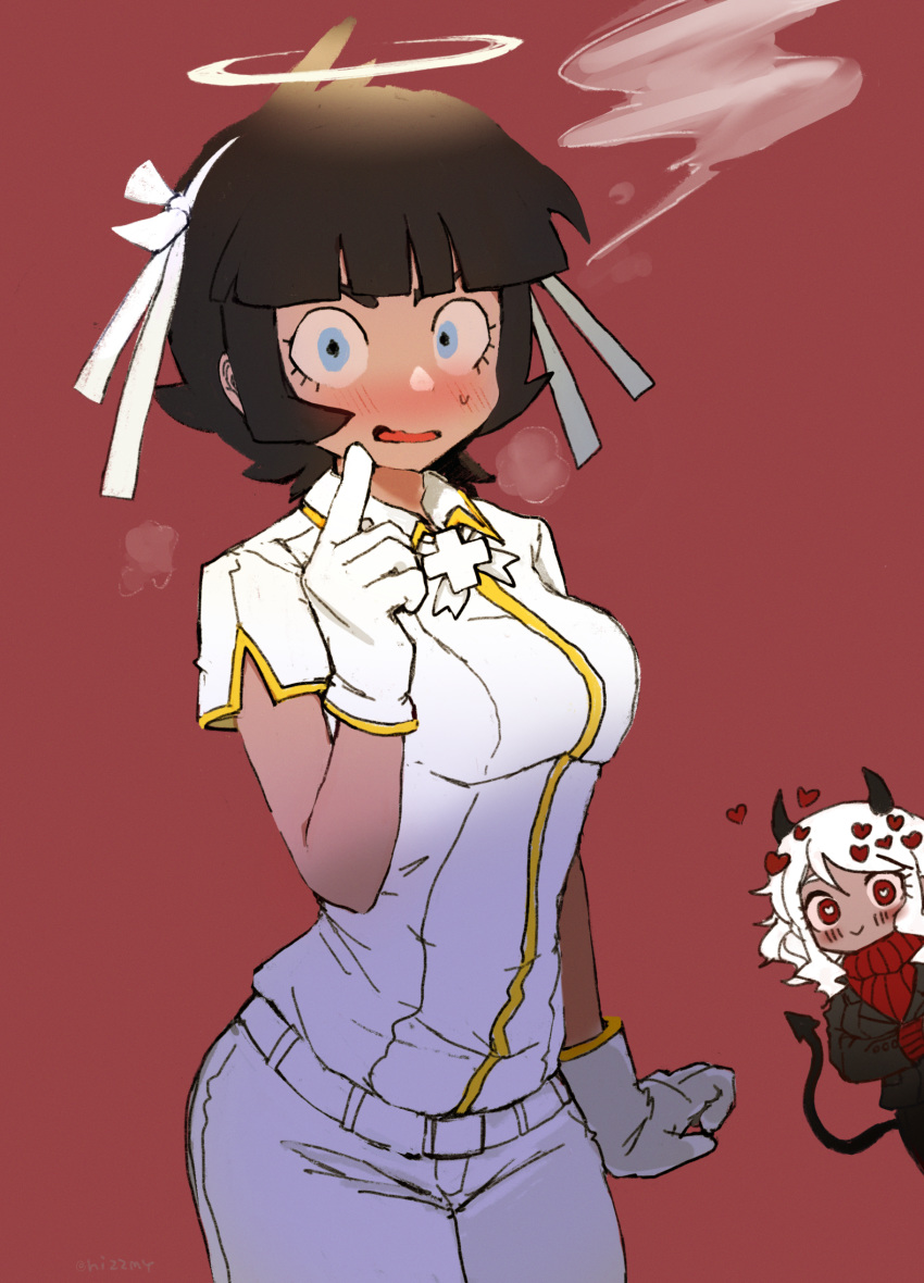 2girls, absurdres, azazel_(helltaker), bangs, black_hair, blue_eyes, blunt_bangs, blush, breasts, cowboy_shot, gloves, hair_ribbon, halo, heart, helltaker, highres, hizume_(hizumium), horns, medium_breasts, medium_hair, modeus_(helltaker), multiple_girls, parted_lips, red_eyes, ribbon, shirt_tucked_in, short_hair, short_sleeves, simple_background, tail, white_gloves, white_hair, white_ribbon