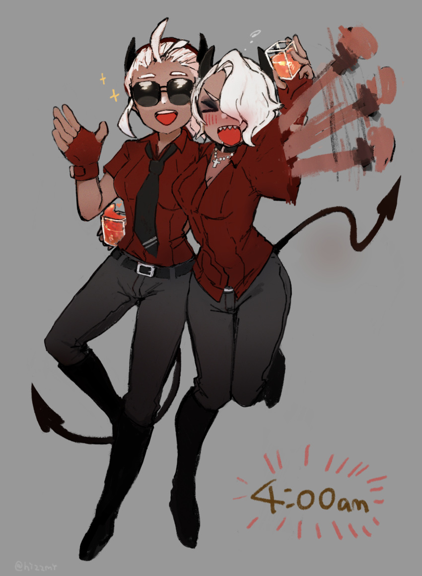 2girls, belt, blush, closed_eyes, collared_shirt, demon_tail, drunk, fingerless_gloves