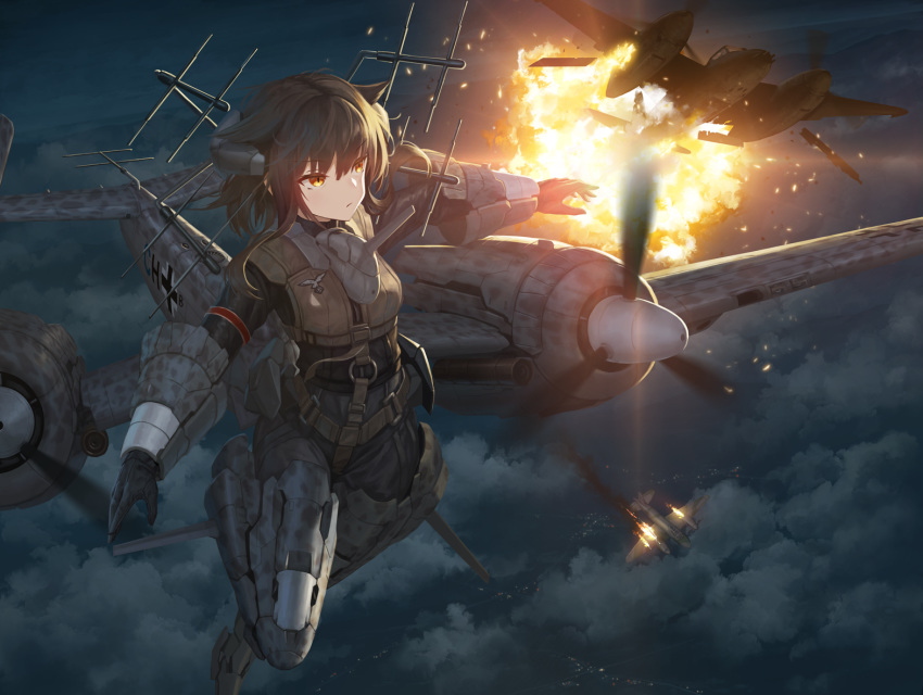 1girl, aircraft, airplane, balkenkreuz, black_jumpsuit, brown_hair, burning, closed_mouth, clouds, commentary_request, explosion, eyebrows_visible_through_hair, flying, he_219, headgear, jumpsuit, luftwaffe, machinery, mecha_musume, mosquito_(airplane), night, night_sky, orange_eyes, original, outdoors, personification, propeller, short_hair, sidelocks, sky, smoke_trail, tom-neko_(zamudo_akiyuki), weapon