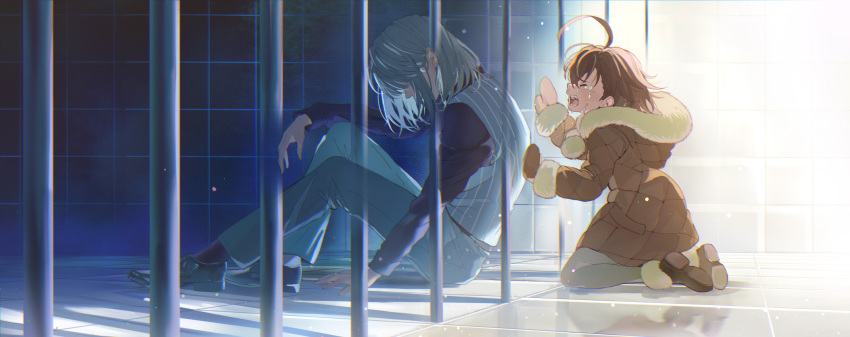 1boy, 1girl, accelerator, ahoge, brown_hair, closed_eyes, coat, commentary