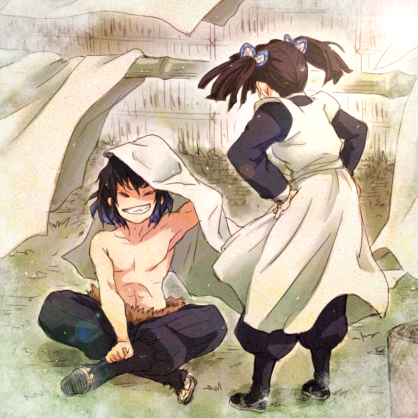 1boy, 1girl, abs, apron, bed_sheet, black_hair, butterfly_hair_ornament, closed_eyes