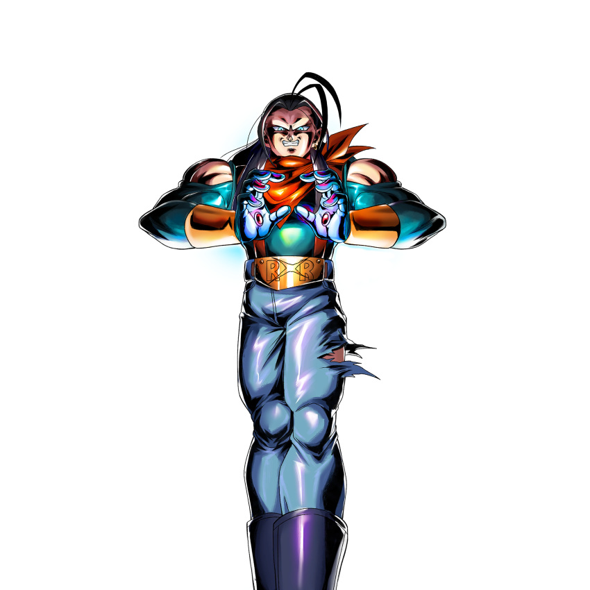 android_17, bandana, bare_shoulders, belt, black_hair, blue_eyes, boots, denim