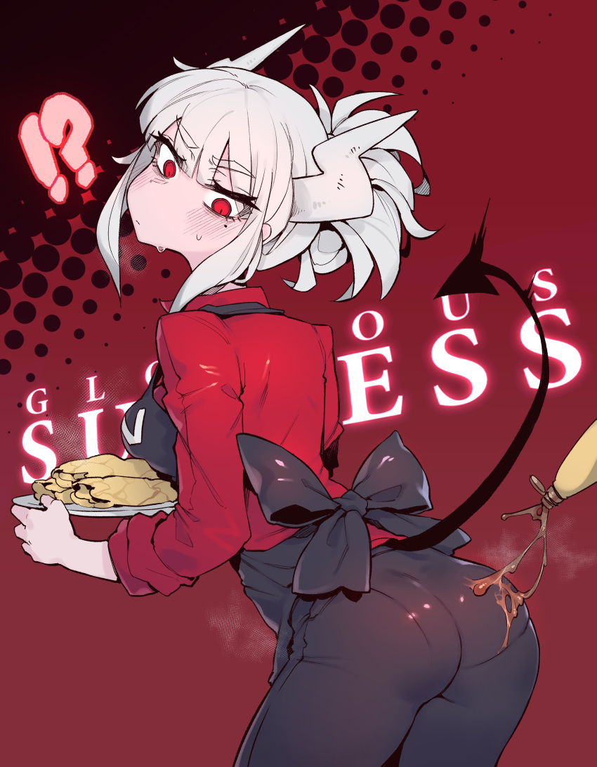 !?, 1girl, absurdres, apron, ass, bangs, black_pants, demon_girl