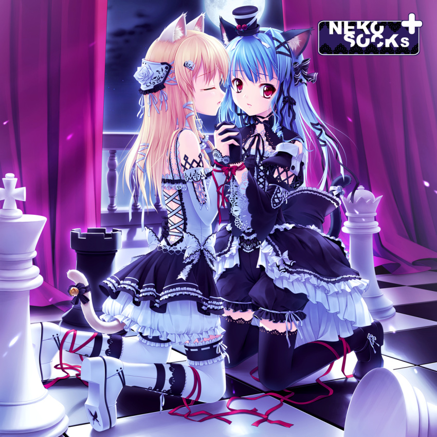 animal_ears, backlighting, bell, black_legwear, blonde_hair, bloomers, blue_hair, bow
