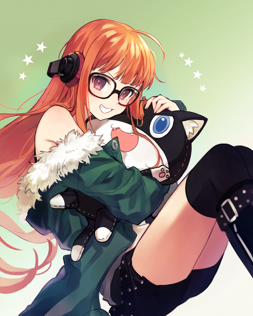 1girl, :3, :d, ahoge, animal_ear_fluff, bangs, behind-the-head_headphones, black-framed_eyewear
