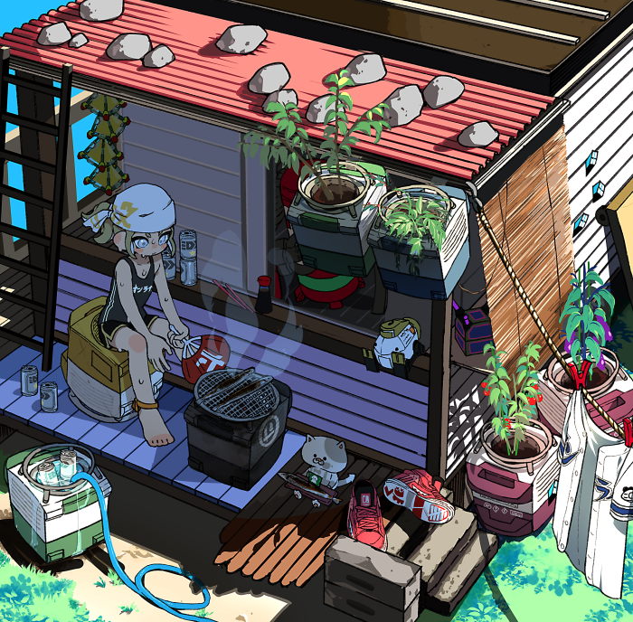 1girl, ankle_boots, autobomb_(splatoon), bandana, barefoot, baseball_jersey, bike_shorts, black_shirt, black_shorts, blue_eyes, blue_sky, boots, can, clothes_writing, clothesline, commentary, day, domino_mask, double_vertical_stripe, fan, fish, green_hair, grill, grilling, gym_shorts, holding, holding_fan, hose, house, inkling, kojajji-kun_(splatoon), ladder, logo, mask, outdoors, paper_fan, plant, point_sensor_(splatoon), pointy_ears, red_footwear, shichirin, shirt, shoes, shoes_removed, short_hair, short_ponytail, short_shorts, shorts, shotan, sitting, sky, sloshing_machine_(splatoon), smoke, sneakers, soda_can, solo, splatoon_(series), sweat, tank_top, tentacle_hair, white_headwear, white_shirt