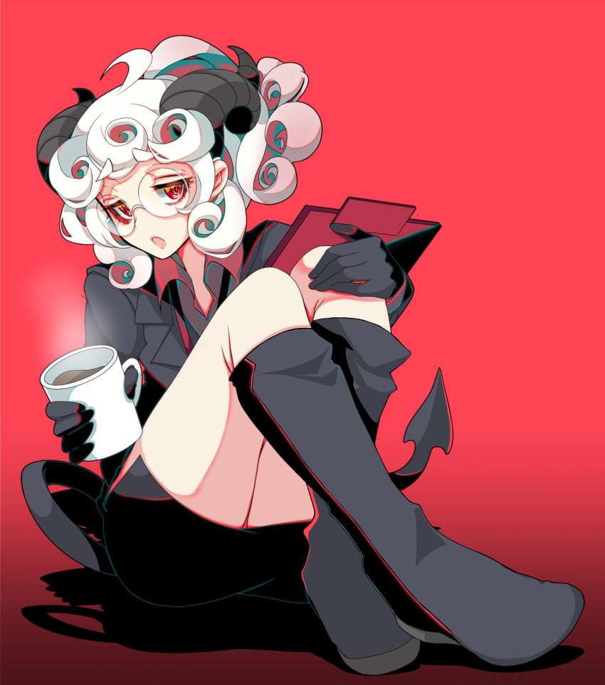 1girl, black_gloves, black_horns, black_jacket, boots, business_suit, clipboard, coffee, collared_shirt, cup, curly_hair, demon_girl, demon_horns, demon_tail, formal, geb3d1liqqoqlxn, glasses, gloves, helltaker, highres, holding, holding_cup, holding_notepad, horns, jacket, knee_boots, long_sleeves, mug, open_mouth, pandemonica_(helltaker), red_eyes, red_shirt, shirt, short_hair, sitting, solo, steam, suit, tail, thighs, white_hair