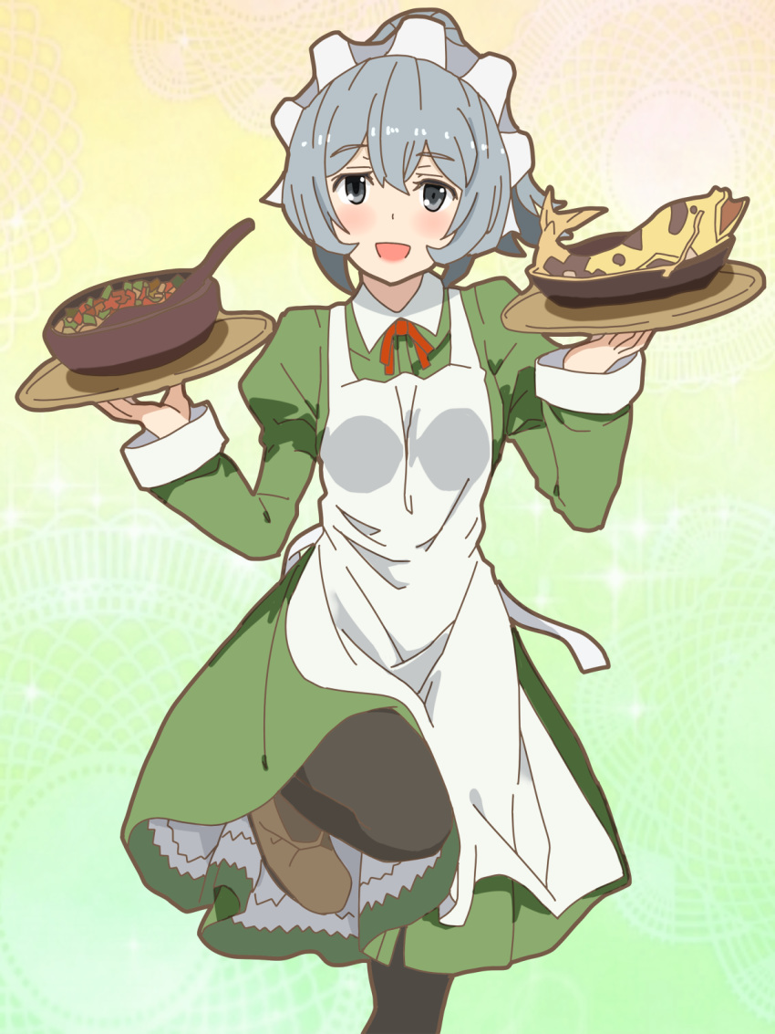 1girl, :d, black_legwear, blush, brown_footwear, dress, dungeon_ni_deai_wo_motomeru_no_wa_machigatteiru_darou_ka, fish, food, gradient, gradient_background, green_background, green_dress, grey_hair, highres, holding, holding_tray, juliet_sleeves, long_sleeves, looking_at_viewer, maid_headdress, nicolanicconico, open_mouth, orange_background, ponytail, puffy_sleeves, red_ribbon, ribbon, simple_background, smile, solo, soup, spoon, standing, standing_on_one_leg, syr_flover, tray, waitress