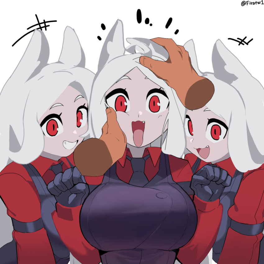 3girls, aiki_firstw1, animal_ears, black_gloves, black_vest, breasts, cerberus_(helltaker), collared_shirt