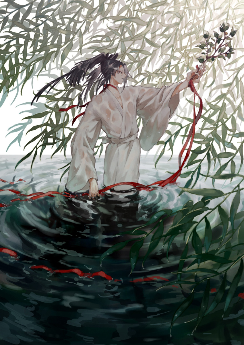 1boy, black_hair, choker, day, feathers, food, fruit, hair_feathers