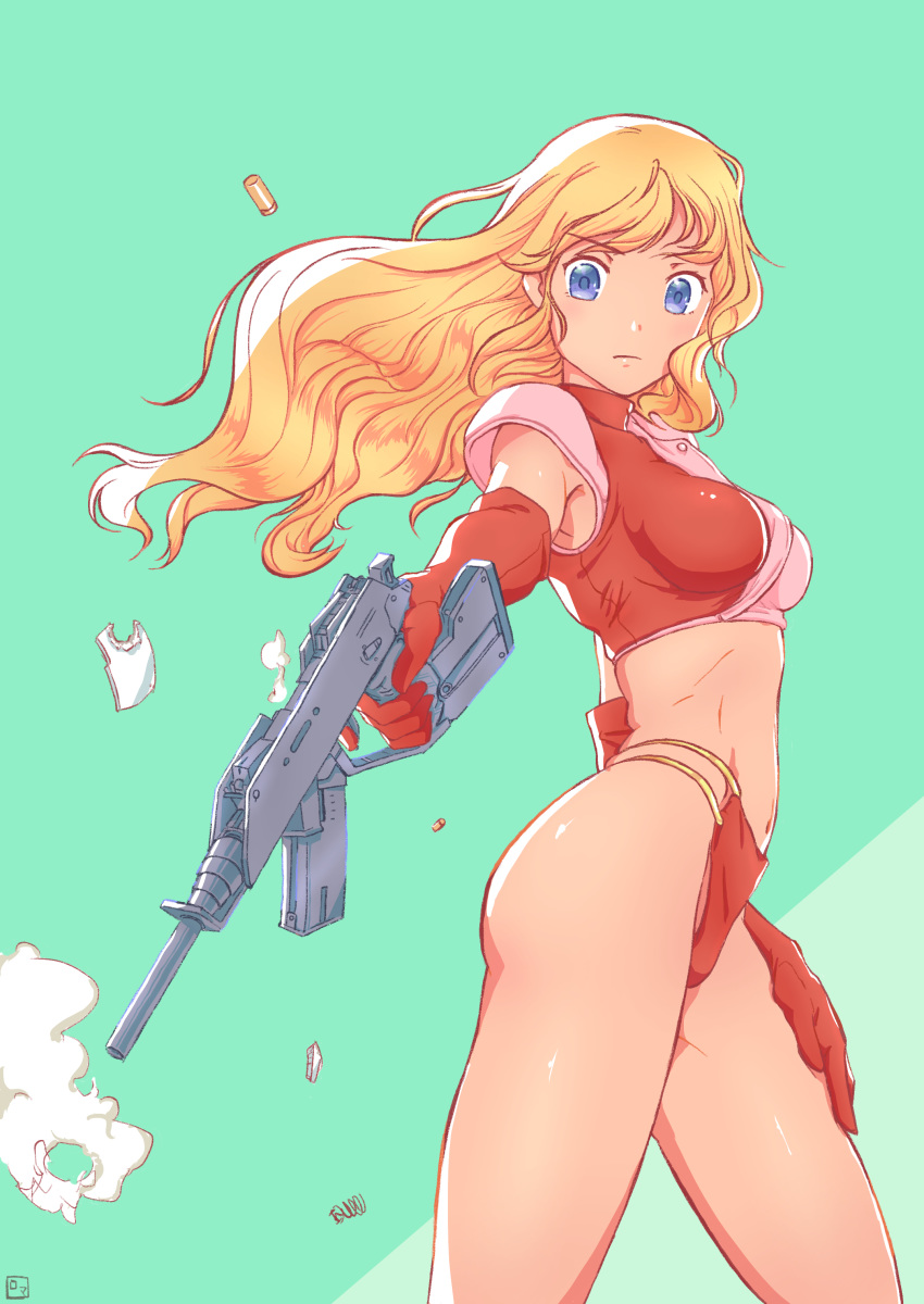1girl, absurdres, alpha_(game), aqua_background, blonde_hair, blue_eyes, breasts, chris_(alpha)