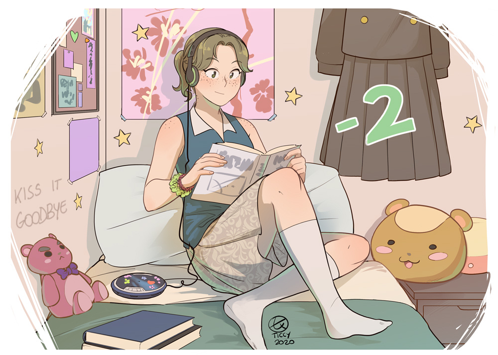 1girl, 2020, artist_name, bed, blue_shirt, blush, book, brown_eyes