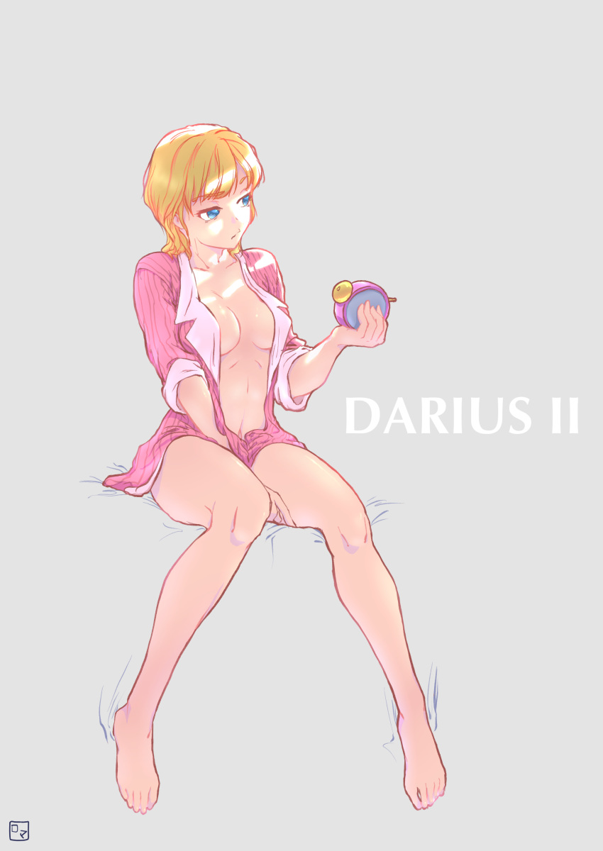 1girl, absurdres, alarm_clock, bare_legs, barefoot, between_legs, blonde_hair, blue_eyes
