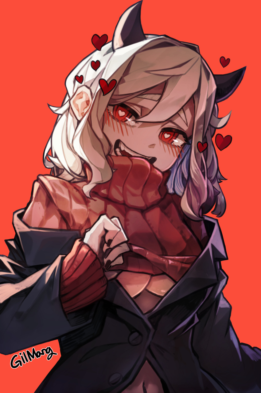 1girl, absurdres, artist_name, black_jacket, breasts, covered_mouth, demon_girl, ears_visible_through_hair