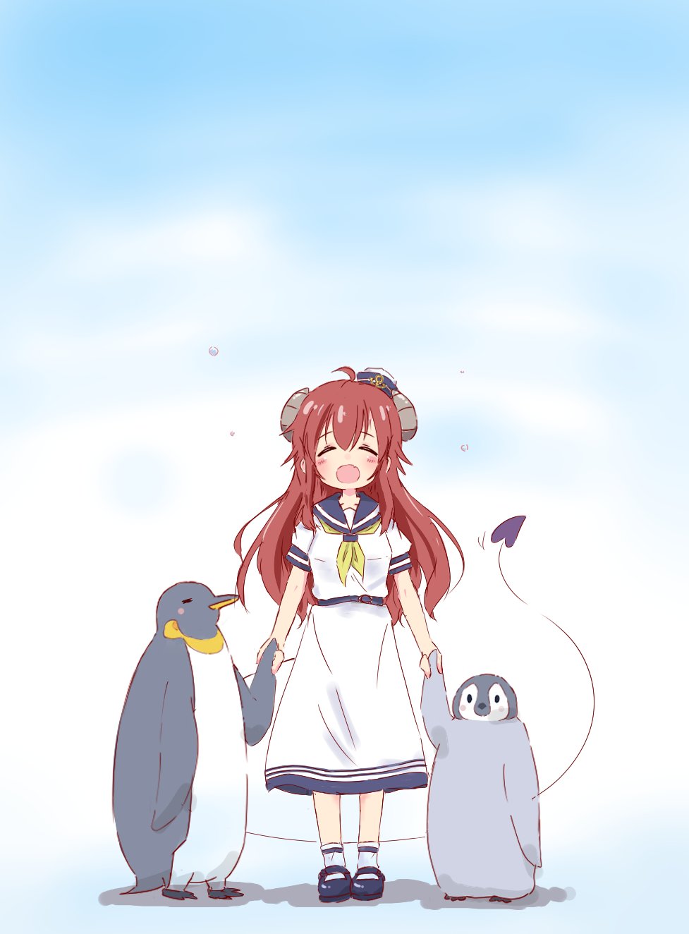 1girl, ahoge, animal, bird, brown_hair, chick, clouds, demon_girl