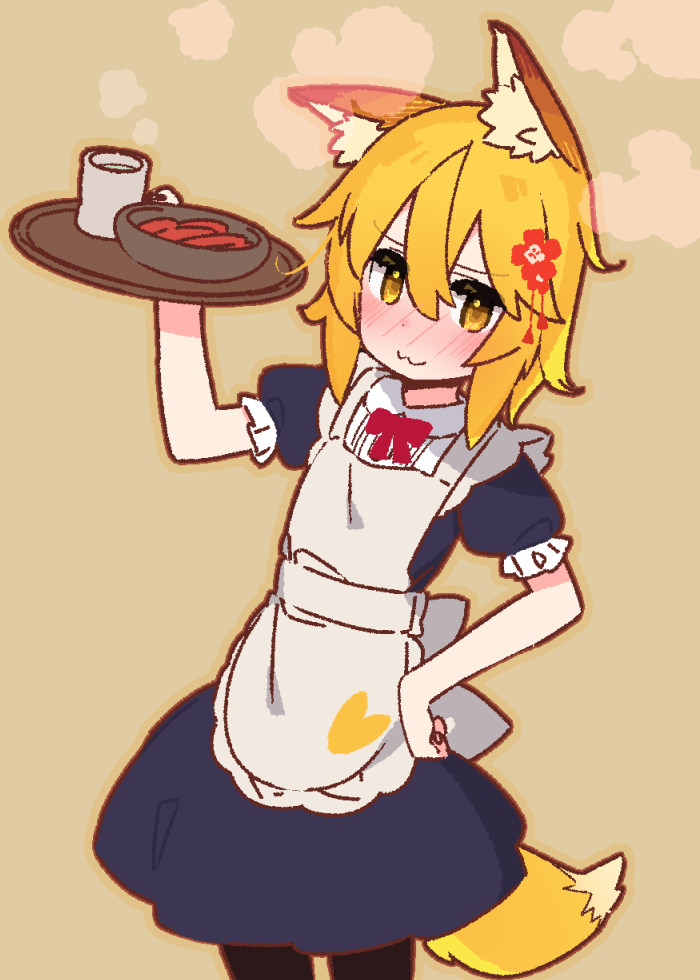 1girl, :3, animal_ear_fluff, animal_ears, apron, black_dress, blonde_hair, blush