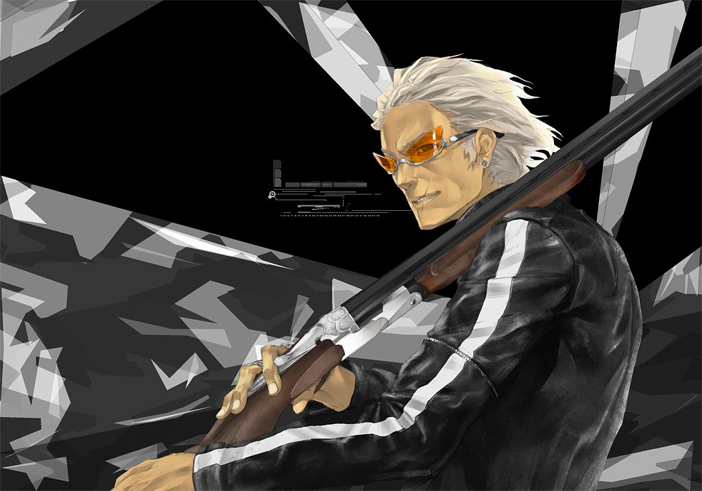 1boy, male, old_man, original, redjuice, scar, senior, shotgun, silver_hair, sunglasses, weapon
