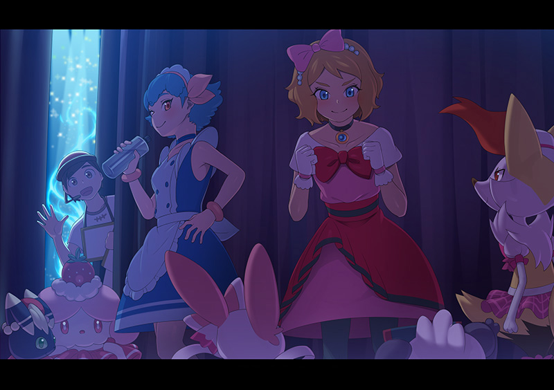 2girls, alternate_costume, black_choker, blue_choker, blue_dress, blue_eyes, blue_hair, blush