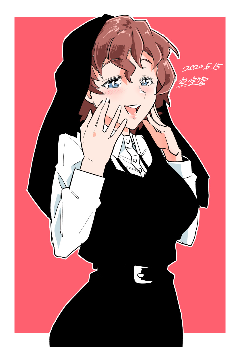 1girl, absurdres, akaboshi_koume, artist_name, bangs, black_dress, blue_eyes, bright_pupils, commentary, cosplay, dated, dress, dress_shirt, girls_und_panzer, half-closed_eyes, hands_on_own_face, highres, long_sleeves, looking_to_the_side, nun, open_mouth, outline, outside_border, pinafore_dress, red_background, shinkuukan_(tetsuo3), shirt, short_hair, signature, sister_act, sister_mary_robert, sister_mary_robert_(cosplay), smile, solo, standing, wavy_hair, white_outline, white_pupils, white_shirt, wing_collar