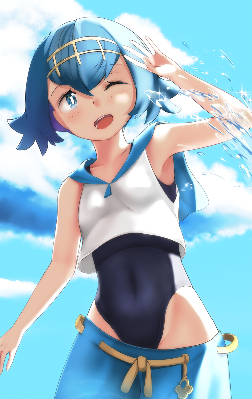 1girl, ;d, arm_up, bangs, blue_eyes, blue_hair, blue_pants, blue_sailor_collar
