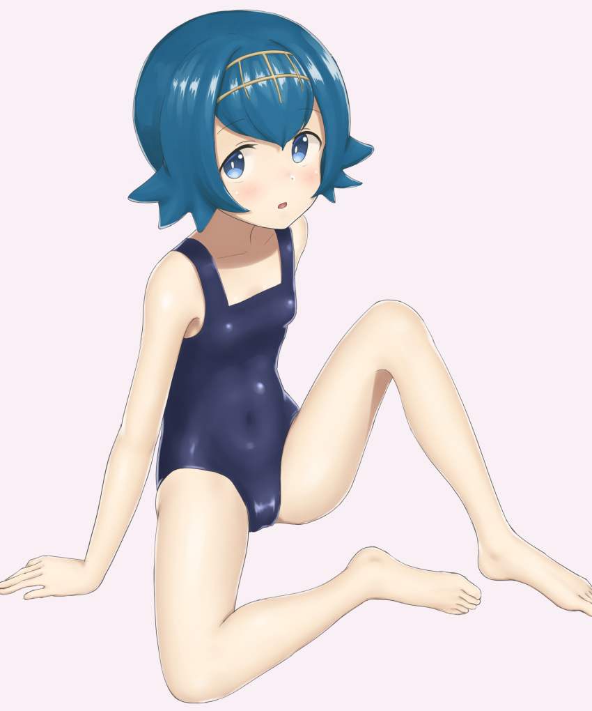 1girl, arm_support, bangs, barefoot, blue_eyes, blue_hair, blush, breasts