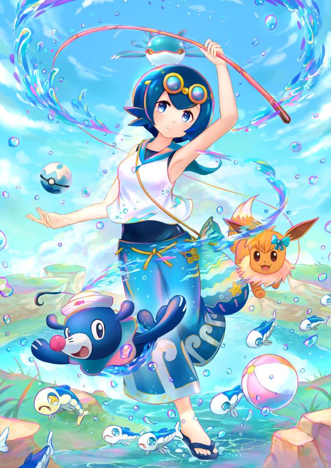 1girl, aqua_swimsuit, arm_up, armpits, blue_eyes, blue_footwear, blue_hair, blue_pants