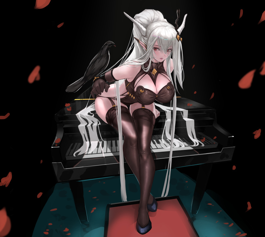 absurdres, arknights, between_breasts, bird, breasts, elbow_gloves, garter_straps, gloves