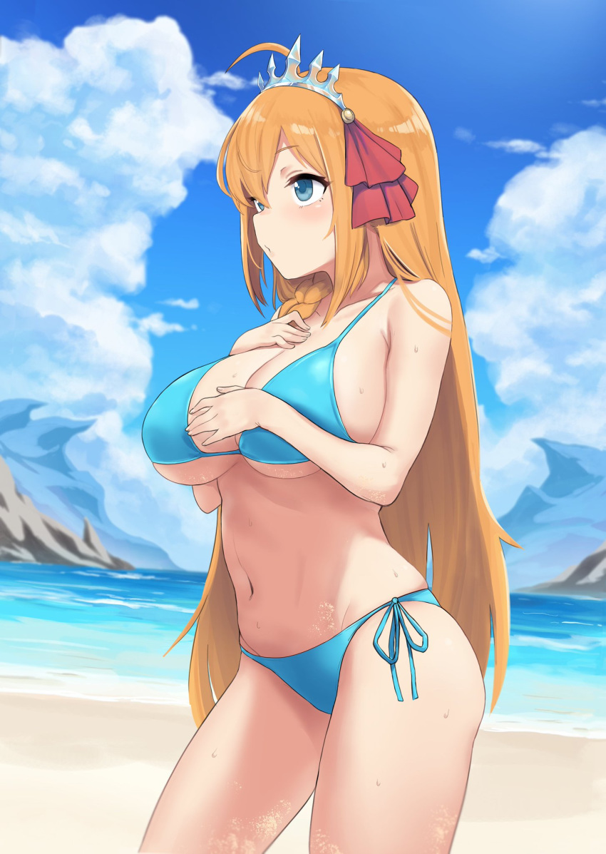 1girl, ahoge, alternate_costume, bangs, bare_arms, bare_shoulders, beach, bikini