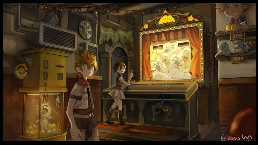1boy, 1girl, arcade, artist_name, black_hair, blue_eyes, crane_game, dream_eater