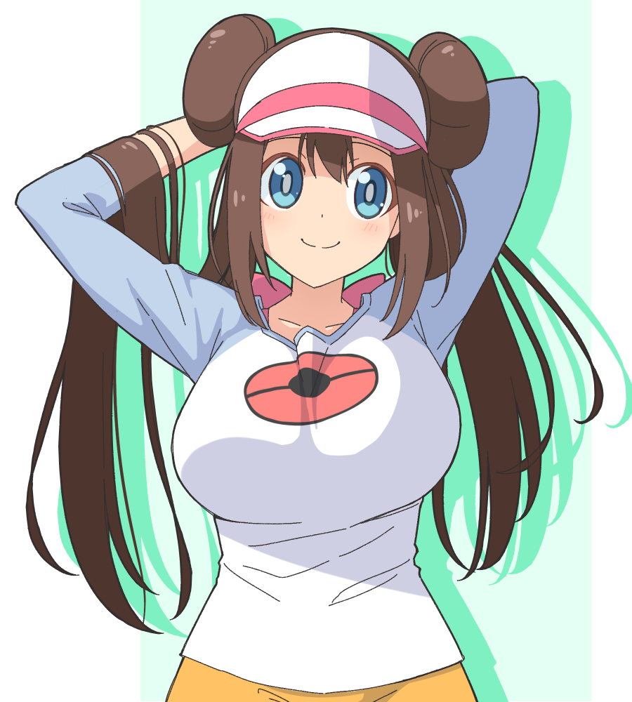 1girl, adjusting_hair, arms_up, blue_eyes, blush, breasts, brown_hair, double_bun