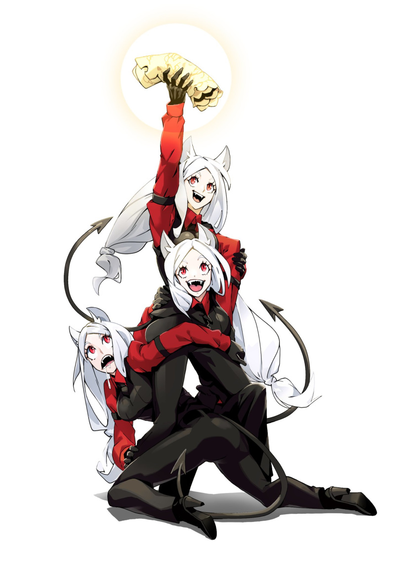 3girls, animal_ears, black_gloves, black_vest, blazon68497584, breasts, cerberus_(helltaker), collared_shirt, demon_girl, demon_tail, dog_ears, dog_girl, fang, gloves, gundam_narrative, helltaker, highres, long_hair, looking_at_viewer, multiple_girls, narrative_formation, necktie, open_mouth, red_eyes, red_shirt, shirt, smile, tail, triplets, vest, white_hair